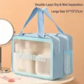 Large blue double-layer waterproof cosmetic travel toiletry bag with clear window - L / Blue