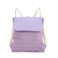 Fresh purple gingham drawstring backpack with lavender flap and cream straps. - Purple