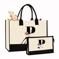Ensemble deux pièces sac cabas en toile et trousse à maquillage avec imprimé floral P - Imprimé Lettre P / Blanc Crème avec Noir
