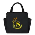 Large black insulated canvas lunch tote bag featuring a gold floral S initial monogram - Gold Gradient Letter S / Black