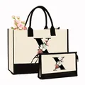Ensemble sac cabas et trousse de maquillage en toile avec imprimé floral lettre X - Imprimé Lettre X / Blanc Crème avec Noir