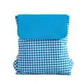 Light blue and white checkered cotton drawstring backpack featuring a solid blue flap - Blue