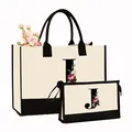 Ensemble deux pièces de sacs en toile crème avec imprimé floral J et bordure noire - Imprimé Lettre J / Blanc Crème avec Noir