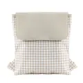 Minimalist beige gingham drawstring backpack featuring a modern clean top flap design. - Gray