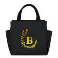 Black insulated lunch bag with gold letter B floral design for school and office - Gold Gradient Letter B / Black