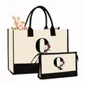 Ensemble sac fourre-tout et pochette en toile avec imprimé lettre Q floral crème - Ensemble avec Imprimé Lettre Q / Blanc Crème avec Noir