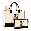 Ensemble cabas en toile et pochette avec imprimé lettre F fleurie en crème et noir - Ensemble avec Imprimé Lettre F / Blanc Crème avec Noir