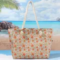 Grote canvas strandtas met oranje zeester- en schelpenprint en stevige handvatten van touw - 42x13x36cm / Zeester Schelp
