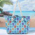 Grote blauwe strandtas met teenslipperprint en witte touwhandvatten voor de zomervakantie - 42x13x36cm / Blauwe Basis Slippers