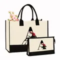 Ensemble sac fourre-tout et pochette en toile avec imprimé floral lettre A en beige - Ensemble avec Imprimé Lettre A / Blanc Crème avec Noir