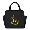 Black portable insulated lunch bag with elegant floral initial G design and sturdy handles - Gold Gradient Letter G / Black