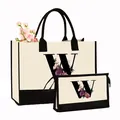 Élégant ensemble cabas en toile et trousse de maquillage avec imprimé floral W - Ensemble avec Imprimé Lettre W / Blanc Crème avec Noir