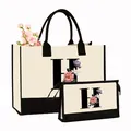 Ensemble chic de sac fourre-tout et trousse à maquillage avec imprimé floral H initial - Ensemble avec Imprimé Lettre H / Blanc Crème avec Noir