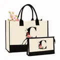 Grand sac cabas en toile beige et trousse de maquillage avec motif floral lettre C - Ensemble avec Imprimé Lettre C / Blanc Crème avec Noir