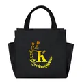Large capacity black thermal lunch bag with yellow letter K floral design - Gold Gradient Letter K / Black