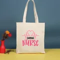 Bolso tote de lona crema con estampado rosa de Cardiac Nurse para compras diarias - 35*39cm / Nurse-8