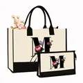 Ensemble de cabas en toile et trousse à maquillage avec imprimé floral M et bordure noire - Imprimé Floral Lettre M / Blanc Crème avec Noir