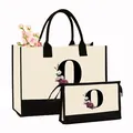 Ensemble deux pièces cabas et trousse en toile avec initiale O fleurie noir et crème - Imprimé Floral Lettre O / Blanc Crème avec Noir