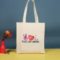 Bolso de lona beige grande con estampado Peace Love Nursing e iconos de enfermera - 35*39cm / Nurse-10