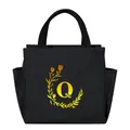 Black insulated lunch bag with portable handles and a yellow floral wreath Q design - Gold Gradient Letter Q / Black