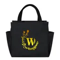 Portable black insulated lunch bag with yellow floral W letter print for students - Gold Gradient Letter W / Black