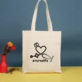 Bolso de lona crema duradero con gráfico médico negro #nurselife de corazón y estetoscopio - 35*39cm / Enfermera-47 (ai-Blanco crema/Estampado #nurselife)