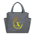 Portable grey insulated lunch bag with yellow letter X and floral wreath design on SKU - Gold Gradient Letter X / Gray