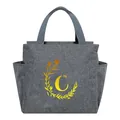 Portable grey insulated lunch bag featuring a floral letter C design with side pockets - Gold Gradient Letter C / 25*14*24CM / Gray