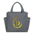 Gray insulated lunch bag with golden initial D floral wreath print and side pockets - Gold Gradient Letter D / 25*14*24CM / Gray