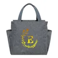Gray insulated lunch bag with portable handles and yellow floral letter E printed design - Gold Gradient Letter E / 25*14*24CM / Gray