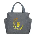 Portable gray insulated lunch bag with yellow floral letter F design and side pockets - Gold Gradient Letter F / 25*14*24CM / Gray