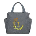 Gray insulated lunch bag with a floral wreath and yellow letter I printed on front - Gold Gradient Letter I / 25*14*24CM / Gray