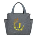 Portable grey insulated lunch bag featuring a golden monogram J and floral wreath - Gold Gradient Letter J / 25*14*24CM / Gray