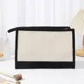 Trousse à maquillage bicolore en toile beige et noire avec fermeture éclair supérieure - Pochette de Rangement Simple Color-Block / Blanc Crème avec Noir