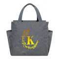 Grey portable insulated lunch bag featuring a stylish yellow floral letter K monogram print - Gold Gradient Letter K / 25*14*24CM / Gray