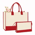 Ensemble de deux sacs en toile beige avec garniture et poignées rouges contrastées - Ensemble de Deux Pièces / Blanc Crème & Rouge