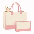 Ensemble premium 2 pièces cabas en toile et trousse de maquillage en crème et rose - Ensemble de Deux Pièces / Beige et Rose