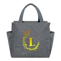 Large gray insulated lunch bag with a decorative gold floral monogram L letter print - Gold Gradient Letter L / 25*14*24CM / Gray