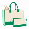 Ensemble de deux pièces sac cabas en toile et trousse de maquillage avec bord vert - Ensemble de Deux Pièces / Beige et Vert