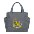 Portable large capacity gray insulated lunch bag featuring a yellow floral monogram M - Gold Gradient Letter M / 25*14*24CM / Gray
