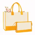 Sac cabas en toile jaune contrasté avec sa pochette cosmétique zippée assortie - Ensemble de Deux Pièces / Blanc Beige et Jaune