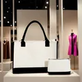 Sac fourre-tout en toile minimaliste et trousse de maquillage assortie avec garniture noire - Ensemble de Deux Pièces - Style 2 / Blanc Crème avec Noir