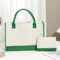 Ensemble deux pièces comprenant un grand cabas en toile crème et vert et sa pochette - Ensemble de Deux Pièces - Style 2 / Beige et Vert