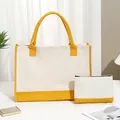 Sac cabas en toile et trousse de maquillage avec accents de couleur jaune et crème - Parure Style 2 / Jaune avec Blanc
