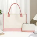 Sac cabas en toile crème et rose avec pochette cosmétique assortie pour un usage quotidien - Parure Style 2 / Rose et Blanc