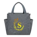 Portable grey insulated lunch bag featuring a stylish golden letter S and floral print - Gold Gradient Letter S / 25*14*24CM / Gray