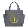 Grey portable insulated lunch bag with floral T monogram and side water pockets - Gold Gradient Letter T / 25*14*24CM / Gray
