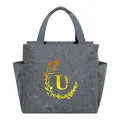 Insulated grey lunch bag with portable handles and yellow letter U floral design. - Gold Gradient Letter U / 25*14*24CM / Gray