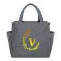 Gray insulated lunch bag with floral wreath V logo for students and office - Gold Gradient Letter V / 25*14*24CM / Gray