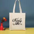 Bolso de lona beige elegante con estampado Nurse Life negro y gráfico de corazón - Estilo Corazón Nurse LIFE (Nurse-33) / 35*39cm / Nurse-33